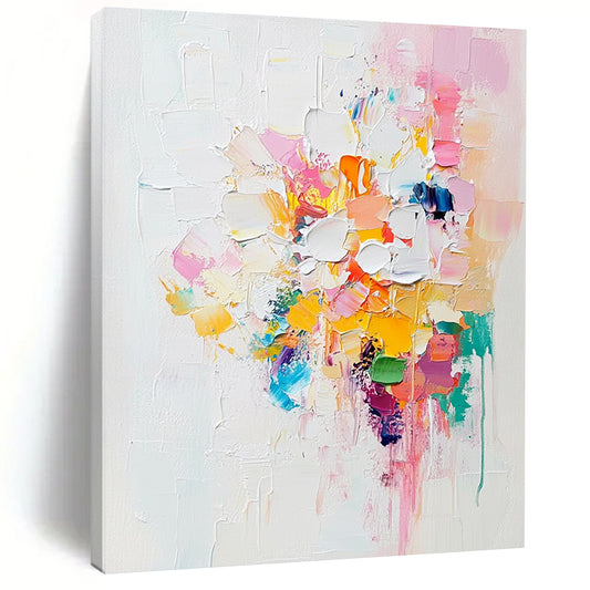 Contemporary hand-painted abstract artwork with white and pastel colors enriched by vibrant accents and thick impasto brushstrokes. DLZ0519