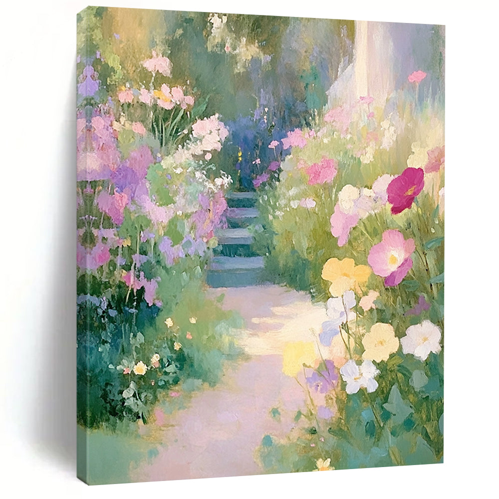 Contemporary hand-painted abstract art featuring an English garden with pastel wildflowers and a winding path leading to lush greenery. DLZ1502