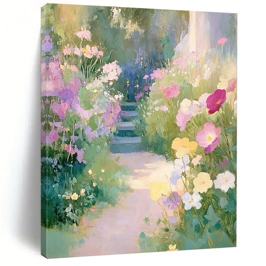 Contemporary hand-painted abstract art featuring an English garden with pastel wildflowers and a winding path leading to lush greenery. DLZ1502