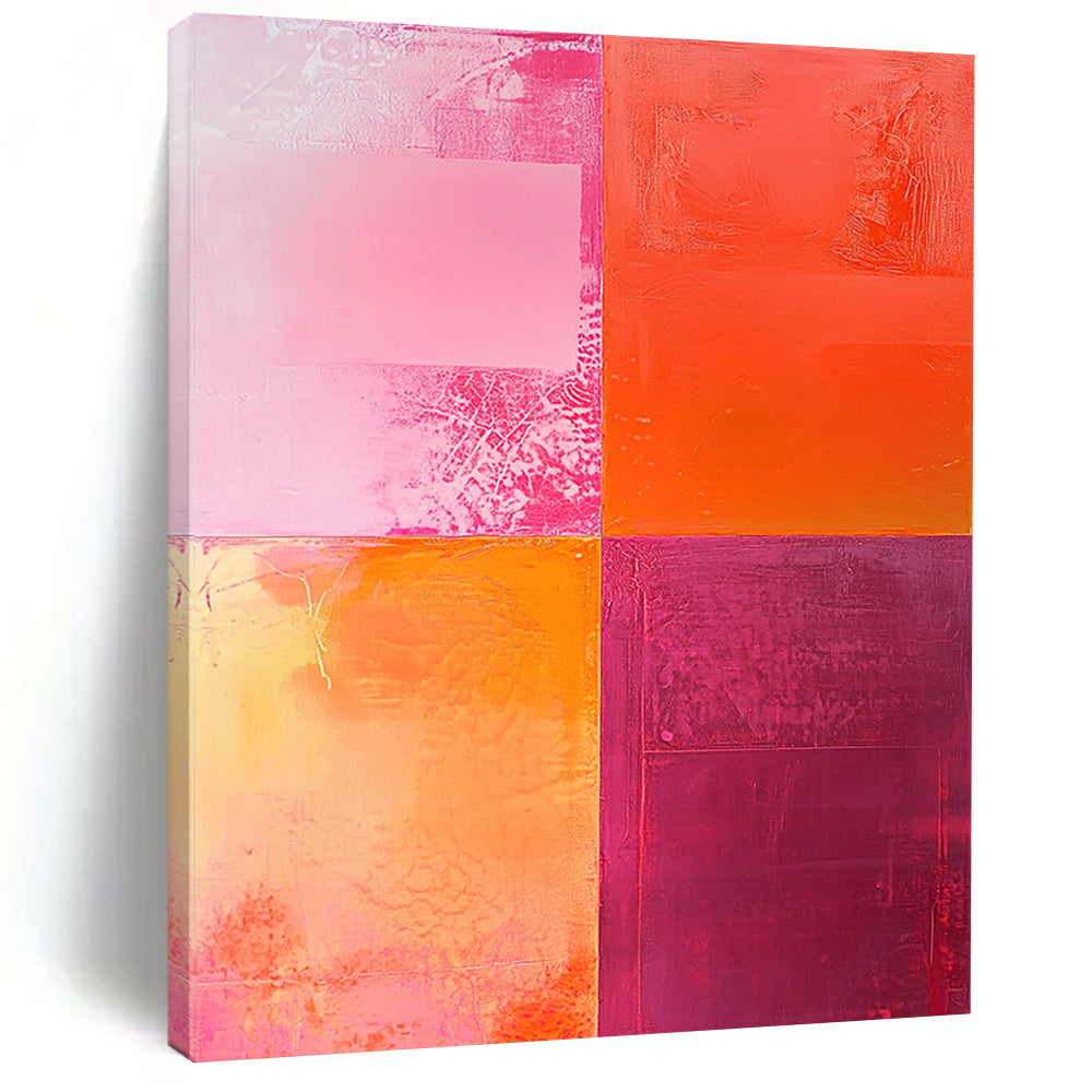 Contemporary hand-painted abstract artwork featuring textured shades of pink and orange with a striking central light red square and dynamic color interplay. DLZ1265