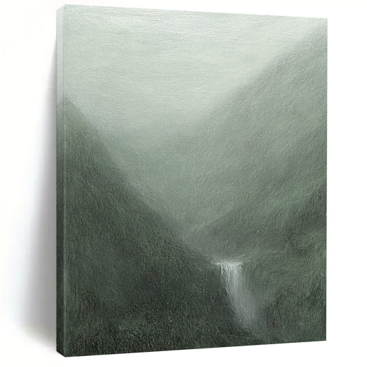 Contemporary abstract painting featuring misty mountains in gray-green hues with soft brushstrokes and a mystical waterfall flowing into a serene pool. DLZ1366