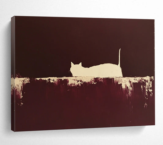 “Silhouette Cat in Brown” - Brown, White, Minimalist Cat Silhouette Painting On Canvas HB0956