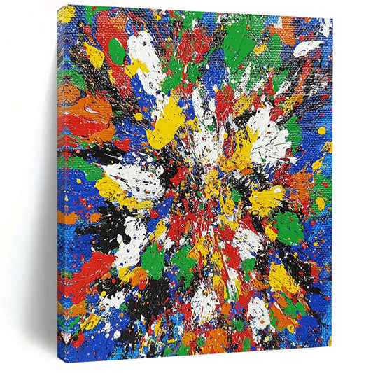 Vibrant contemporary abstract painting featuring chaotic splatters in bright primary colors showcasing dynamic brushstrokes and intricate textures. DLZ1407