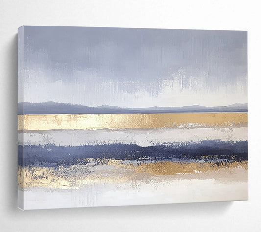 “Gray - Blue Abstract with Gold Bands” - Gray, Blue, Gold, Horizontal Landscape Bands Painting On Canvas HB0852