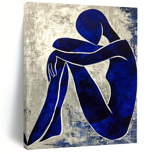 Contemporary abstract painting featuring a textured blue figure with crossed legs and hands on knees enhanced by white contour lines in the style of Matisse. DLZ0361