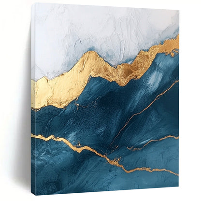 Contemporary abstract art featuring marble texture and rounded edges adorned with golden lines in a dark blue and white mountain peak theme. DLZ1591