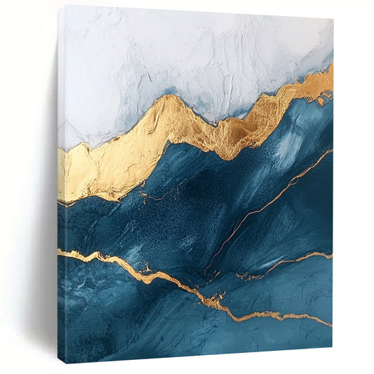 Contemporary abstract art featuring marble texture and rounded edges adorned with golden lines in a dark blue and white mountain peak theme. DLZ1591