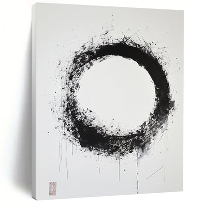 Black & Gray Splattered Circular Ink - “Subtle Enso Depth” Painting On Canvas HB248