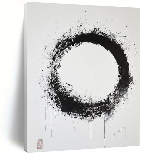 Black & Gray Splattered Circular Ink - “Subtle Enso Depth” Painting On Canvas HB248