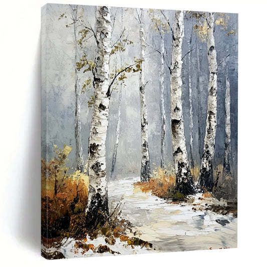 Contemporary abstract painting featuring birch trees with textured white bark and green leaves amidst a foggy atmosphere and snowy ground. DLZ1101
