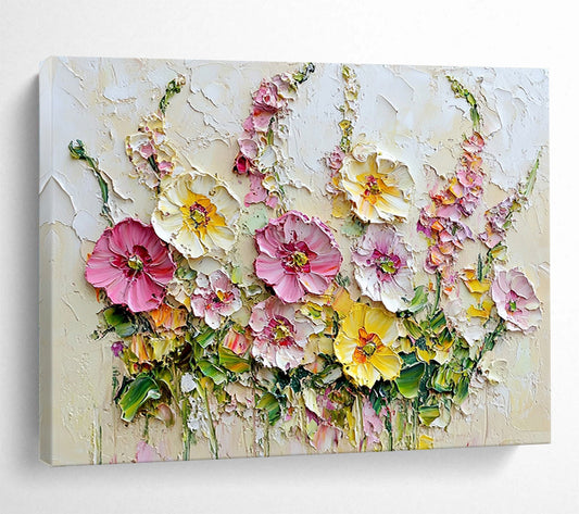 “Textured Floral Bouquet” - Pinks, Yellows, Greens, Thickly Painted Flower Bouquet - Impasto Oil Painting HB1744
