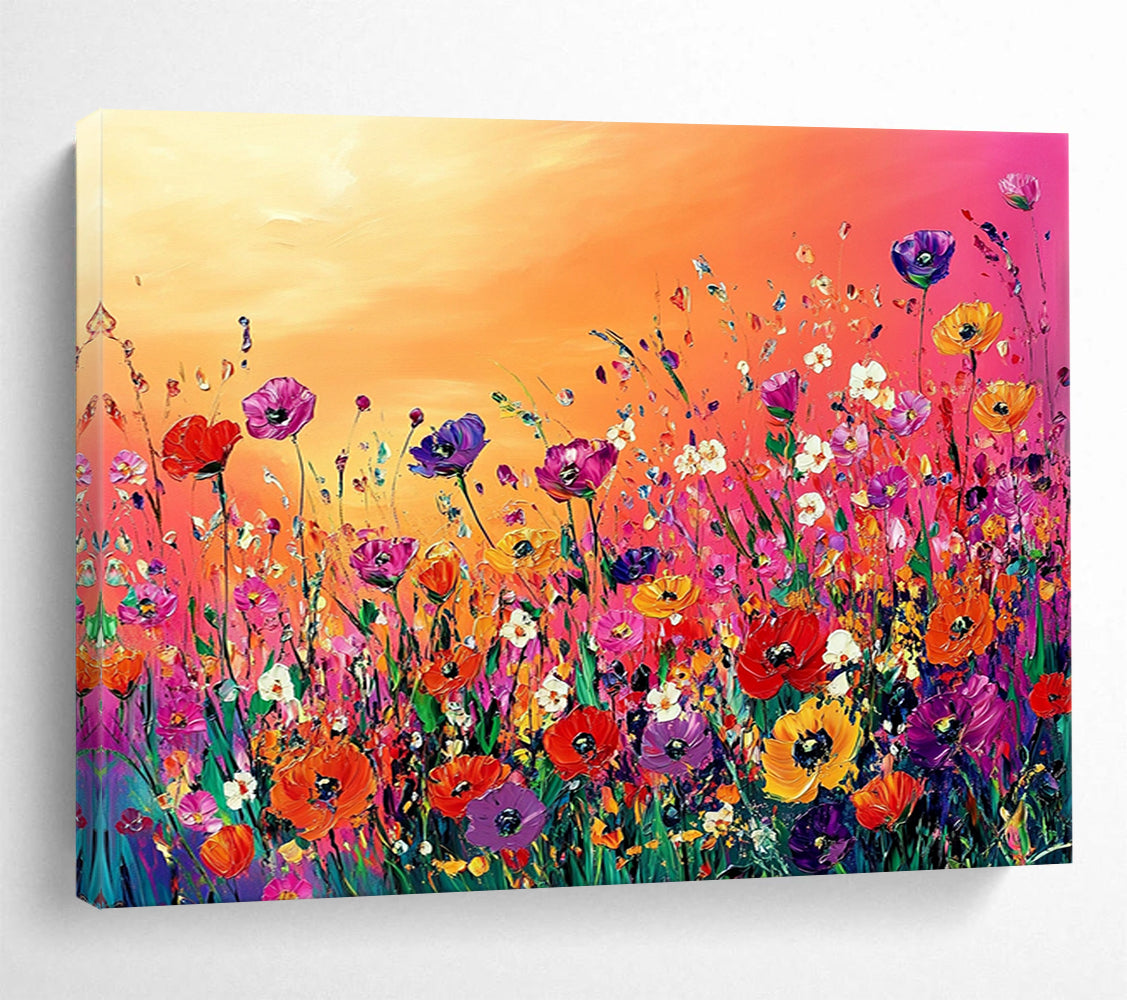 “Vibrant Flower Field” - Colorful, Flowers, Sunset Painting On Canvas HB0747