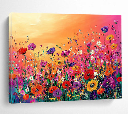 “Vibrant Flower Field” - Colorful, Flowers, Sunset Painting On Canvas HB0747