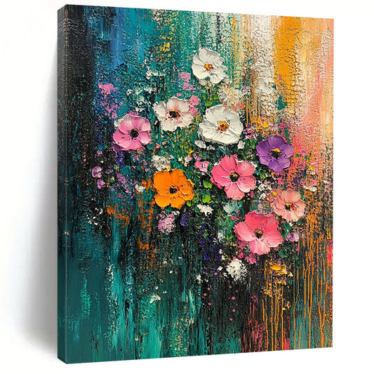 Vibrant contemporary abstract painting featuring colorful flowers against a textured forest backdrop that invites you to explore its lively landscape. DLZ1022