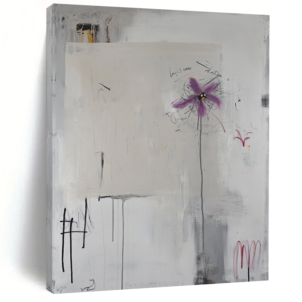 Contemporary abstract art features white canvas with scribbles, handwritten elements, light grey background, central purple flower, and defined black lines. DLZ1084
