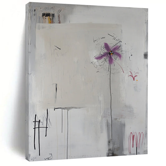 Contemporary abstract art features white canvas with scribbles, handwritten elements, light grey background, central purple flower, and defined black lines. DLZ1084
