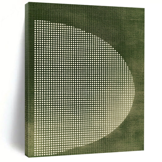 Contemporary hand-painted abstract art featuring a green background with white dotted lines and a half moon in minimalistic vintage style. DLZ1580