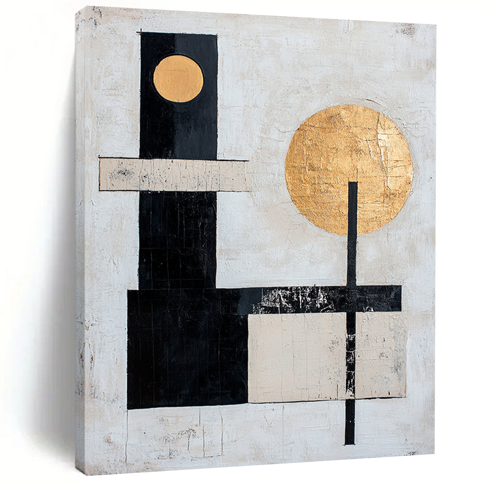 White, Black, Gold with Geometric Circles "Celestial Balance" Abstract Painting On Canvas HB018