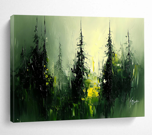 “Mystic Forest Glow” - Green, Yellow, Black, Abstract Trees - Oil Painting HB1485