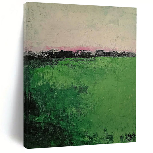 Contemporary abstract painting showcasing muted green grass foreground and a foggy village background featuring soft brush strokes on a textured canvas. DLZ0392