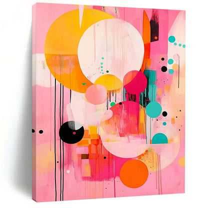 Contemporary abstract painting features large circles and colorful shapes on a pink background with black lines and orange accents in a joyful style. DLZ0763