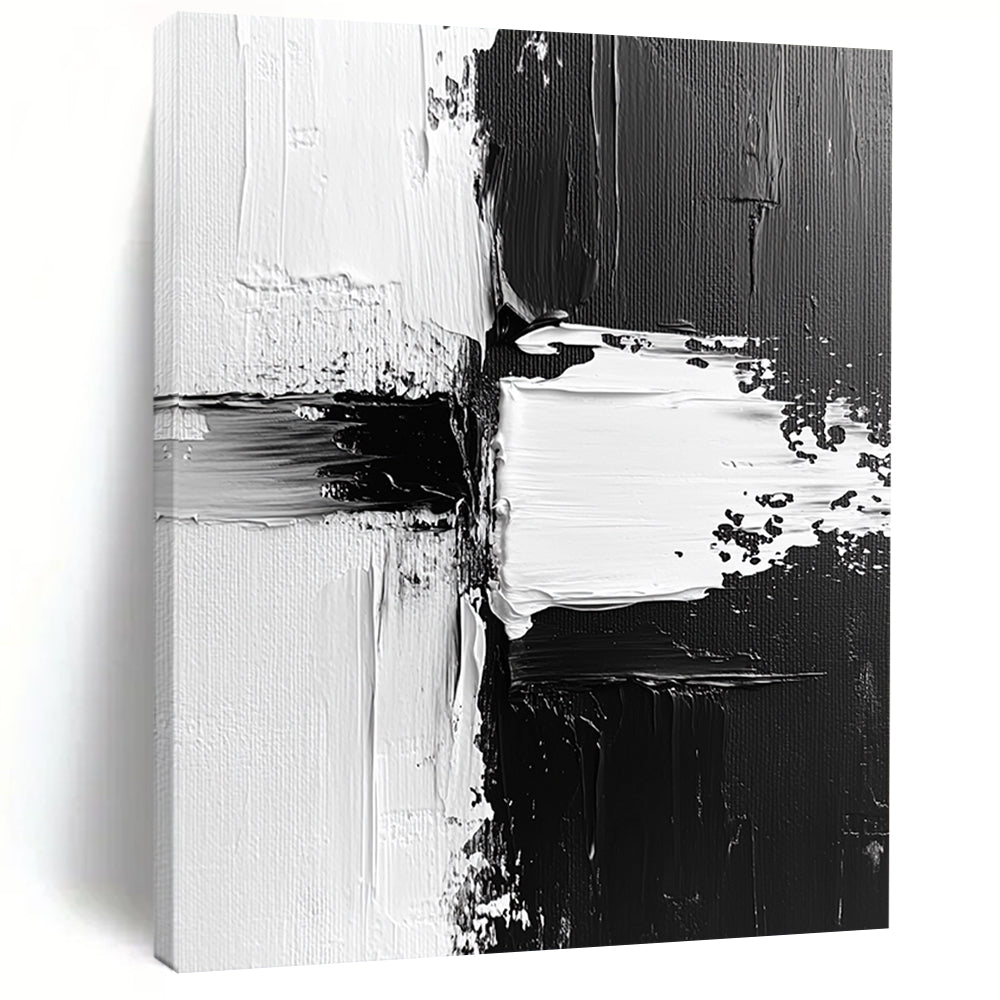 Contemporary abstract painting features dynamic black and white textures with expressive brush strokes and vibrant paint splashes on canvas. DLZ0309