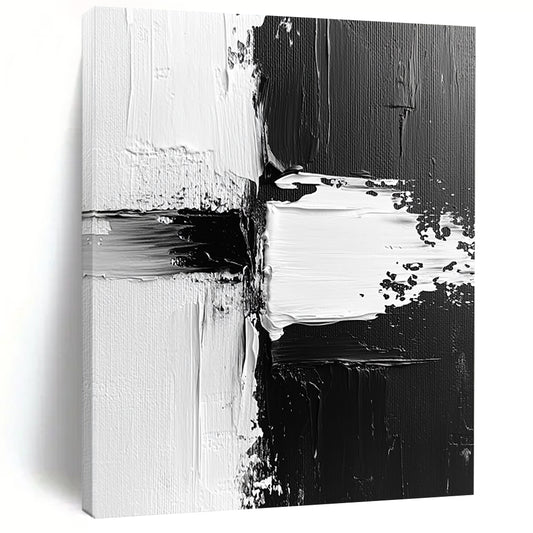 Contemporary abstract painting features dynamic black and white textures with expressive brush strokes and vibrant paint splashes on canvas. DLZ0309