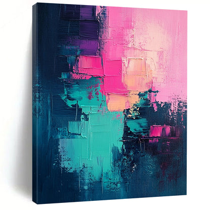 Contemporary large hand-painted abstract artwork featuring a vibrant color palette of pink teal and magenta for a striking visual impact. DLZ0703