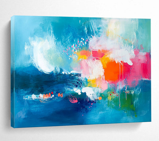 “Colorful Blue - Based Abstract” - Blue, Pink, Orange, Green with Splashes - Painting On Canvas HB1378