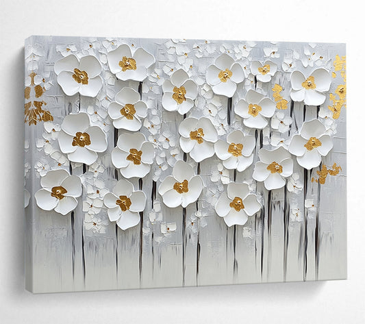 “Elegant White Flowers with Gold Centers” - White, gold, gray; 3D white flowers with gold centers on a gray - textured background; Mixed Media Painting On Canvas HB1199