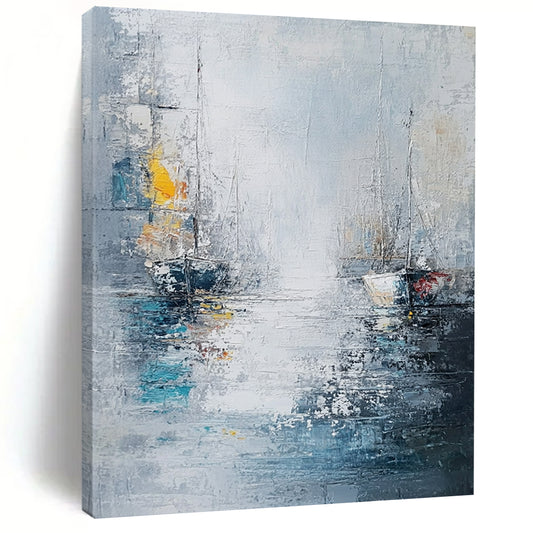 Contemporary abstract painting featuring sea and ships in a white gray blue palette with thick oil brush strokes. DLZ0636