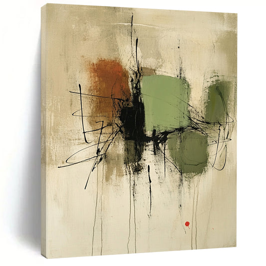 Large contemporary hand-painted abstract artwork featuring green and brown shapes on a beige background with black lines and a small red accent. DLZ1333