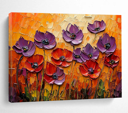 “3D Purple - Red Poppies” - Sculptural purple and red poppies on an orange backdrop, Impasto Floral Painting On Canvas HB0543