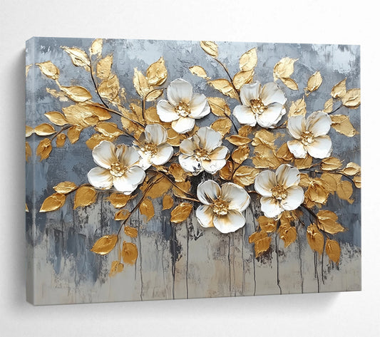 “Golden - Leafed White Flowers” - Gray background, gold leaves, white flowers, Textured Floral Painting On Canvas HB0586