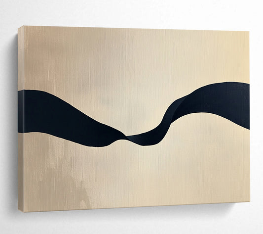 “Black Ribbon on Beige” - Black, Beige, Curved Ribbon Shape - Minimalist Acrylic Painting HB1666
