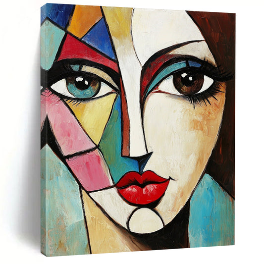 Contemporary abstract painting featuring a woman's face with large eyes vibrant geometric shapes red lips and brown hair on a square canvas. DLZ0376