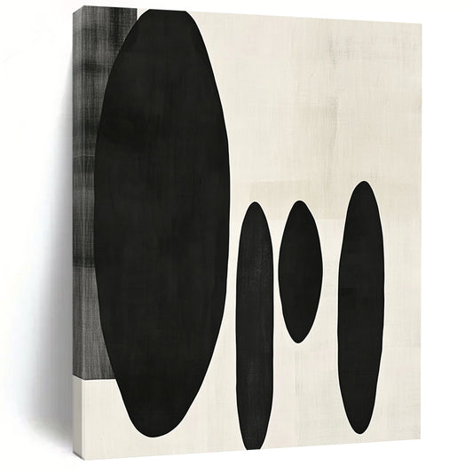 Contemporary minimalist artwork featuring organic black shapes balancing large forms on the left with delicate smaller shapes on the right. DLZ1547
