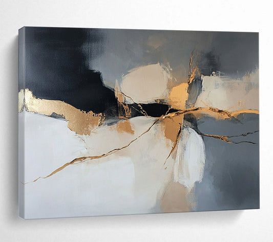 “Gilded Cracks” - Gray, Gold, Black, Abstract Textured Painting On Canvas HB1059