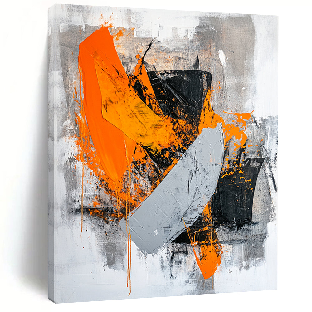 Black, Gray, Orange and White Bold Brushstrokes "Fiery Passion" Painting On Canvas HB329