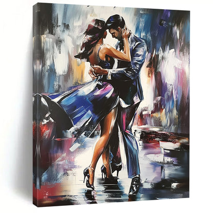 Contemporary hand-painted abstract artwork featuring two figures dancing the tango with dynamic brush strokes and intricate detailing in a striking composition. DLZ1659