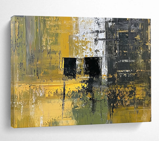 “Industrial Yellow - Green Abstract” - Yellow, Green, Black with Geometric Shapes - Painting On Canvas HB1397