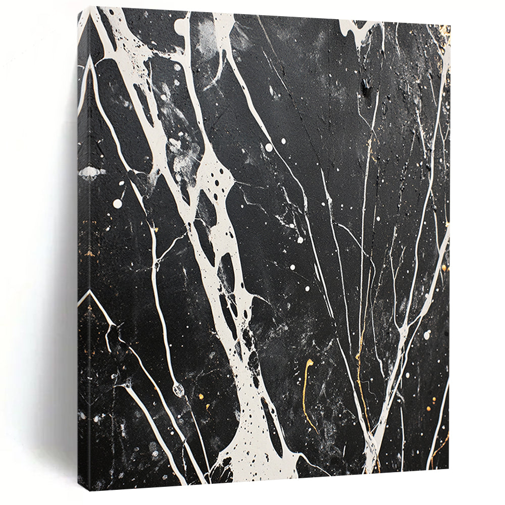 Black, White, Gray, Gold, Intricate Veins "Marbled Night" Abstract Modernist Painting On Canvas HB065