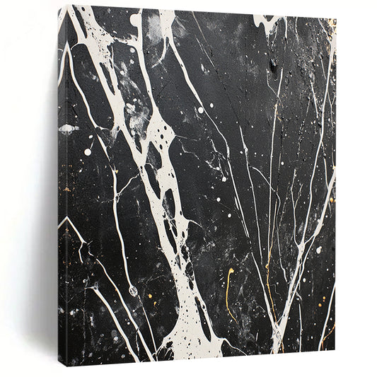Black, White, Gray, Gold, Intricate Veins "Marbled Night" Abstract Modernist Painting On Canvas HB065