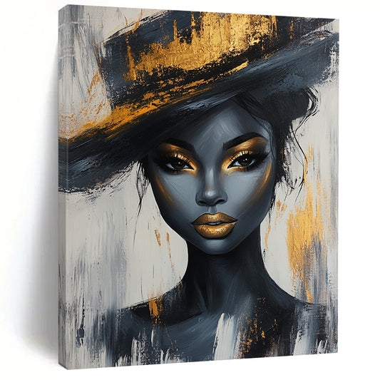 Contemporary abstract portrait of a Black woman with gold accents and elegant hat on white and grey background, crafted in acrylic on canvas. DLZ0784