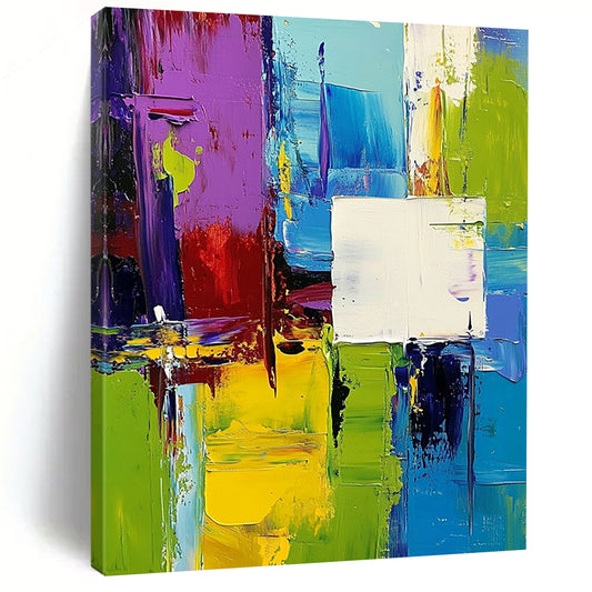 Contemporary hand-painted abstract artwork featuring vibrant green blue purple yellow palette with dynamic shapes and overlapping white squares creating depth and movement. DLZ0773