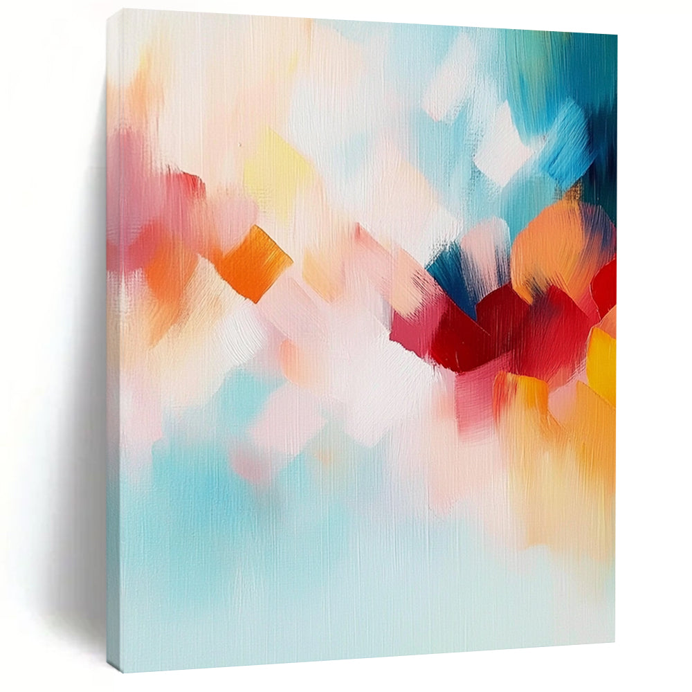Contemporary abstract painting features soft pastel tones and a joyful blend of turquoise, red, orange, and cloud-like shapes to evoke freedom and nature. DLZ0441