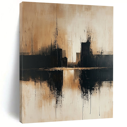 Contemporary abstract art showcasing an urban cityscape in beige and black tones on a textured canvas with a minimalist style and neutral palette. DLZ0465