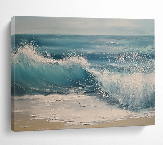 Blue, White and Beige Crashing Wave "Splash of Serenity" Painting On Canvas HB0670