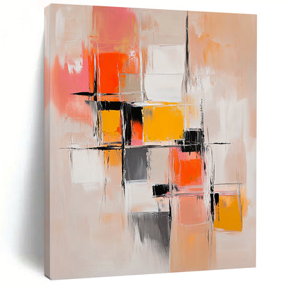 Contemporary hand-painted abstract artwork features harmonious beige and orange hues with dynamic brushstrokes and layered geometric shapes for emotional depth. DLZ0939