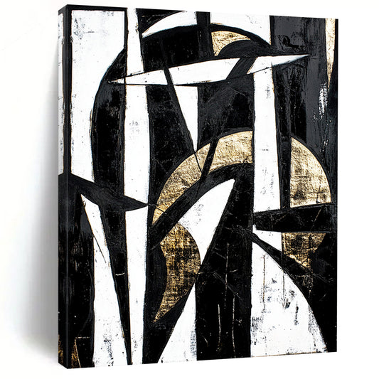 Black, White and Gold Geometric Abstraction "Timeless Contrast" Painting On Canvas HB338
